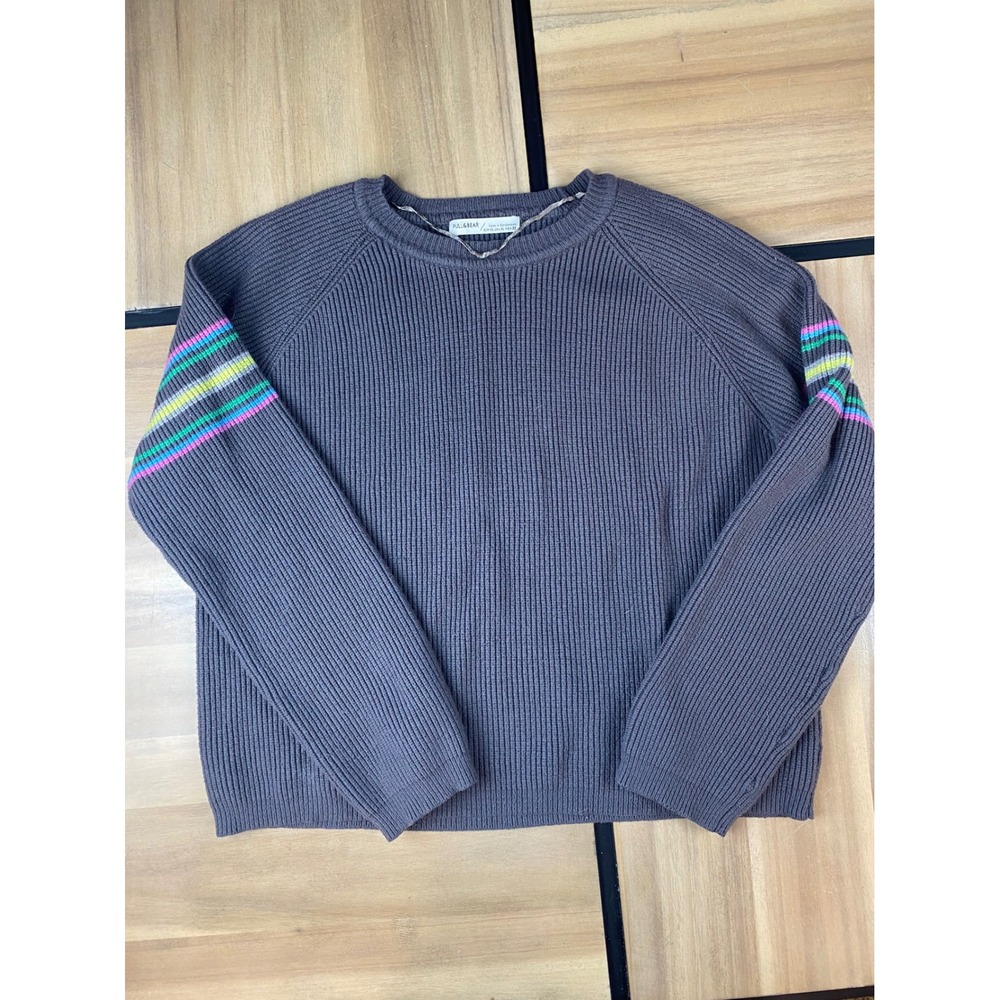 Pull&Bear Women's XL Gray Ribbed Knit Long Sleeve Sweater Colorful‎ Stripes